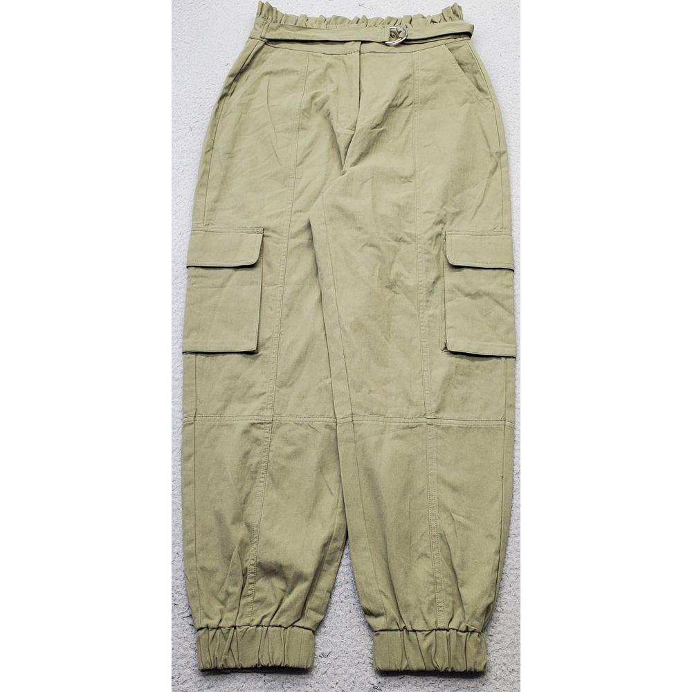 Boohoo Cargo Pants Womens 8 Green Utility Pockets Belted Waist Tapered Outdoor